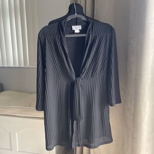 VTG J VALDI Black Knit Lightweight Open Cardigan Tie Front  Sheer Pockets M